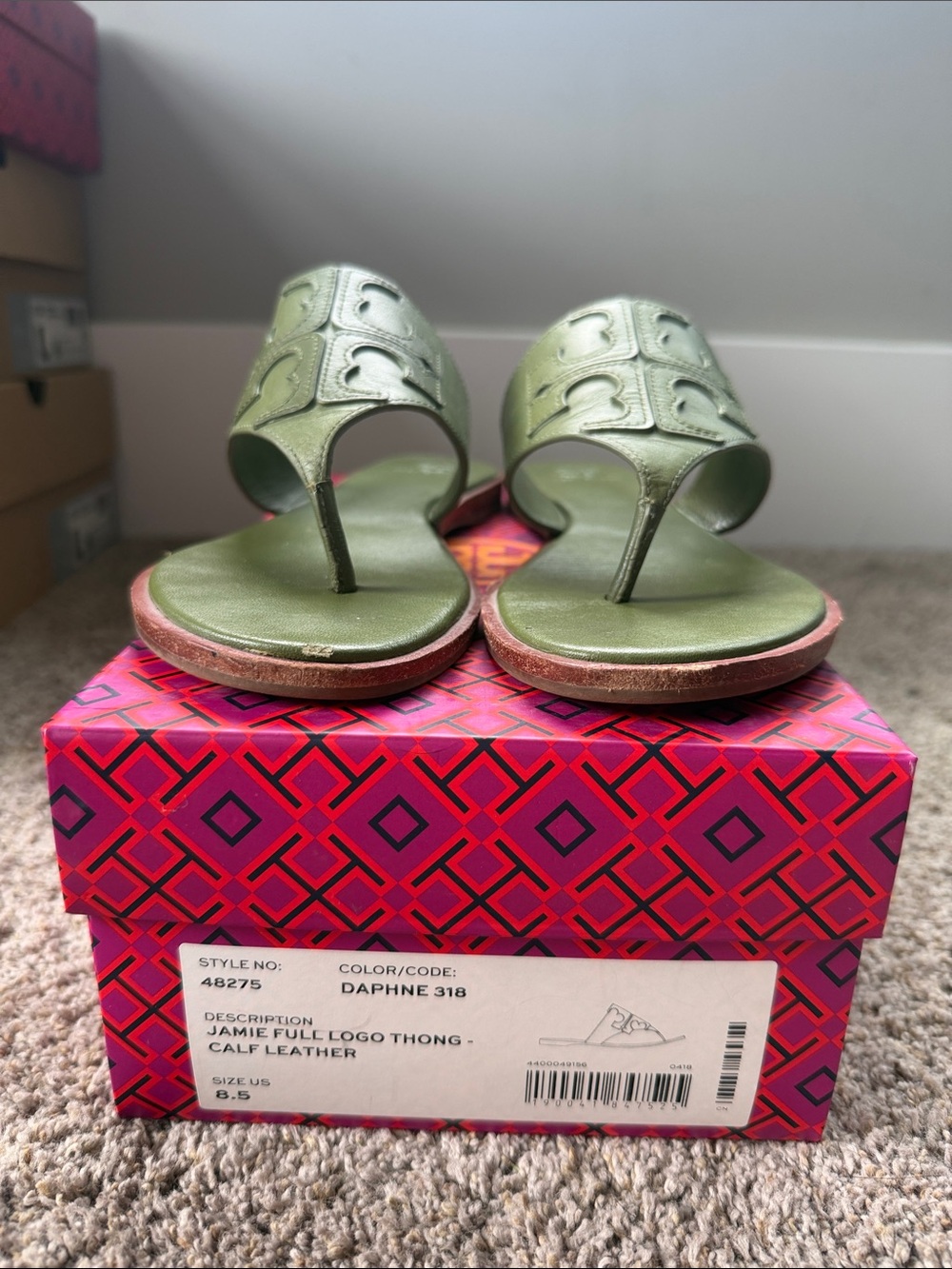 Tory Burch Olive Green Leather Logo Thong Sandals